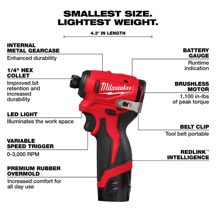 Milwaukee M12 Subcompact Brushless 1/4" Hex Impact Driver Kit