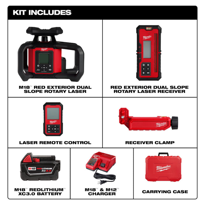 Milwaukee M18 Red Exterior Dual Slope Rotary Laser Level Kit