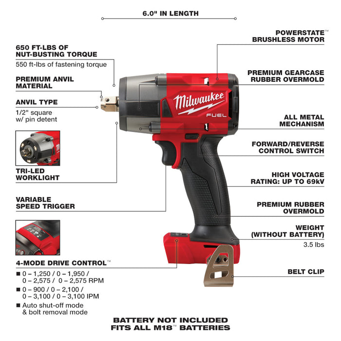 Milwaukee M18 FUEL Cordless 3/8" Mid-Torque Impact Wrench Pin Detent - Tool Only