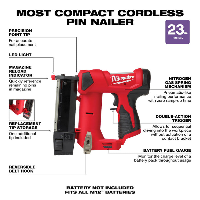 Milwaukee M12 Cordless 23 Gauge Pin Nailer - Tool Only