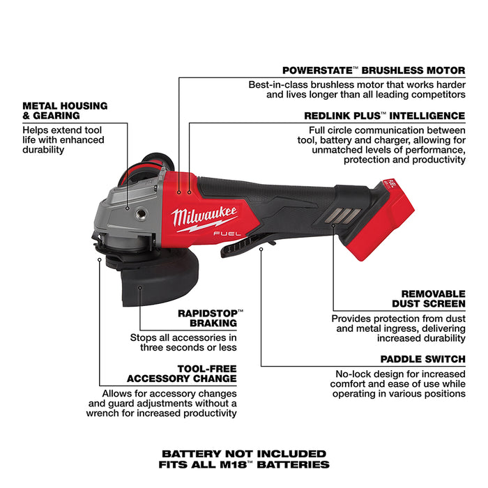 Milwaukee M18 FUEL Cordless 4-1/2" / 5" Grinder Paddle Switch, No-Lock - Tool Only