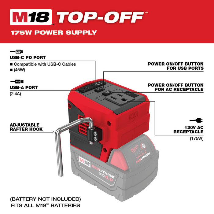 Milwaukee M18 Cordless TOP-OFF 175W Power Supply  - Tool Only