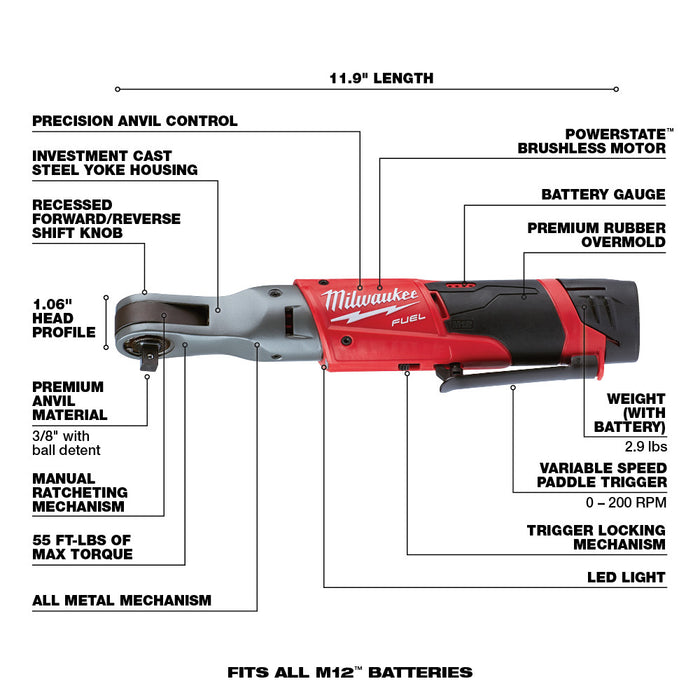 Milwaukee M12 FUEL Cordless 3/8" Ratchet Two Battery Kit