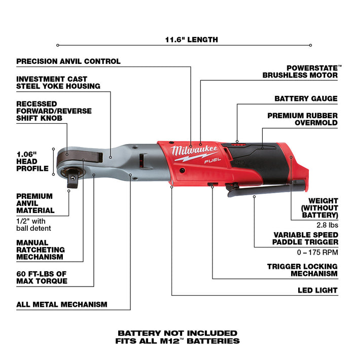 Milwaukee M12 FUEL Cordless 1/2" Ratchet - Tool Only