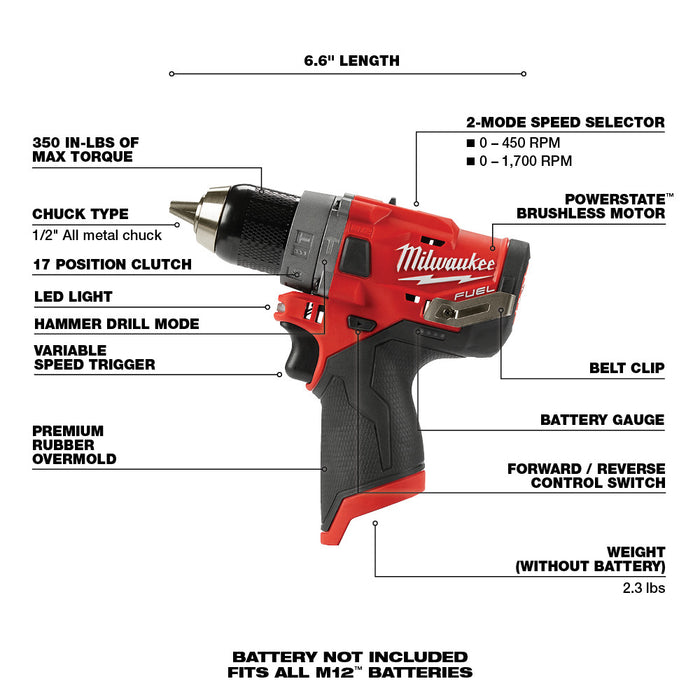 Milwaukee M12 FUEL Cordless 1/2" Hammer Drill  - Tool Only