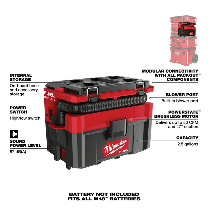 Milwaukee M18 FUEL Cordless PACKOUT 2.5 Gallon Wet/Dry Vacuum  - Tool Only