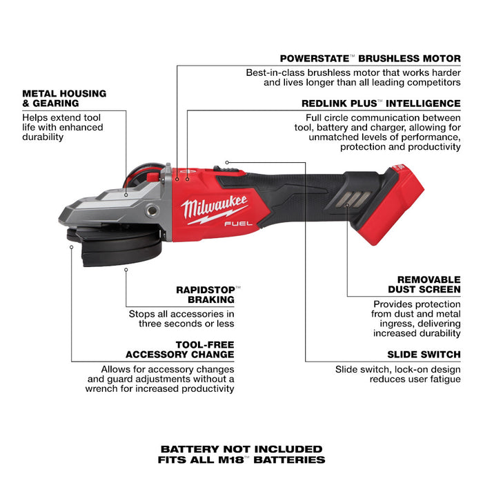 Milwaukee M18 FUEL 5" Flathead Braking Grinder, Slide Switch Lock-On