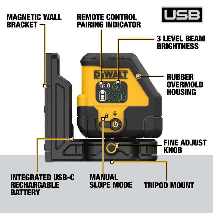 DeWalt USB Rechargeable Green Cross Line Laser Kit