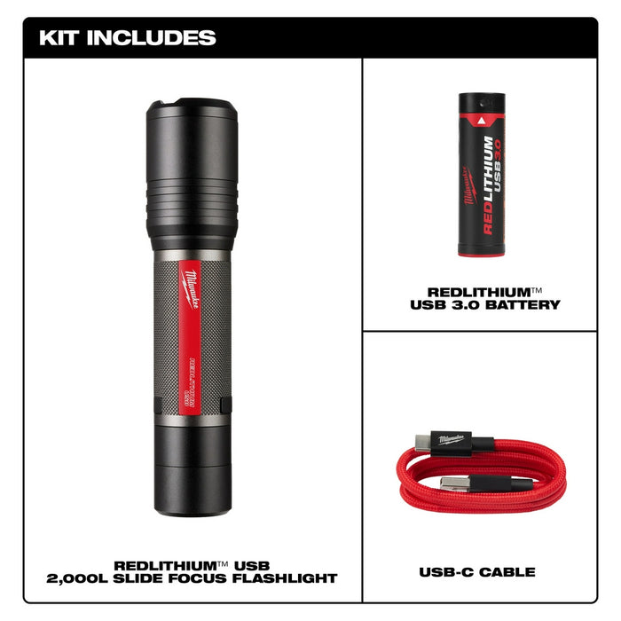 Milwaukee REDLITHIUM USB 2,000 Lumen Slide Focus Flashlight