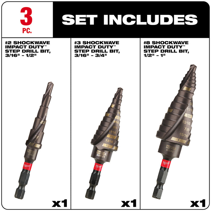 Milwaukee SHOCKWAVE Impact Duty Step Bit Mechanical Set (#2, #3, #8)