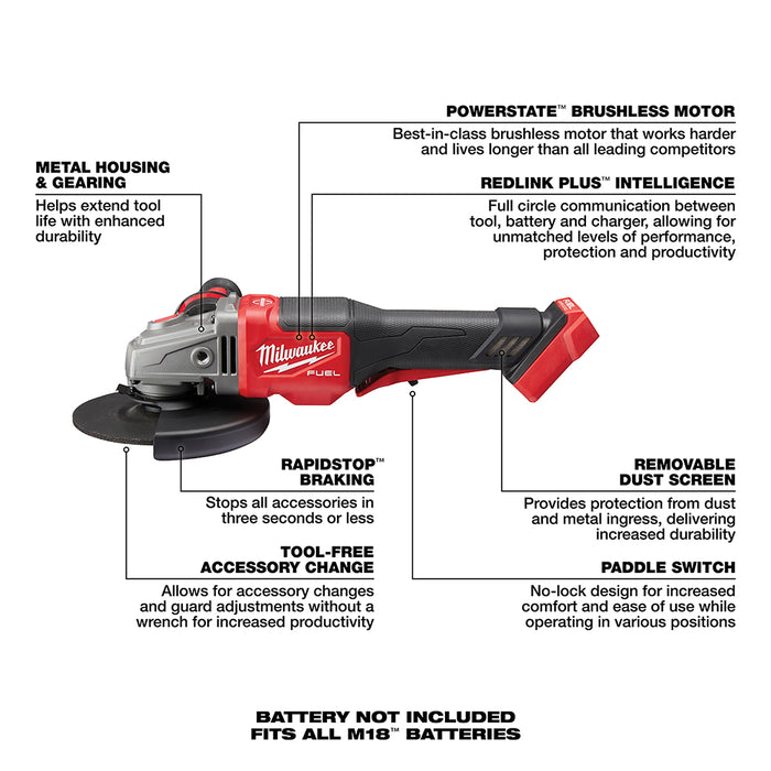 Milwaukee M18 FUEL Cordless 4-1/2"-6" No Lock Braking Grinder Kit w/ Paddle Switch