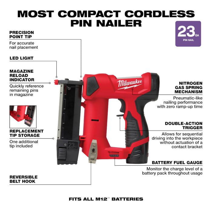 Milwaukee M12 Cordless 23 Gauge Pin Nailer Kit