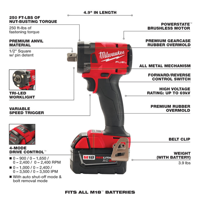 Milwaukee M18 FUEL Cordless 1/2" Compact Impact Wrench with Pin Detent Kit