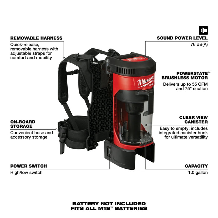 Milwaukee M18 FUEL Cordless 3-in-1 Backpack Vacuum - Tool Only