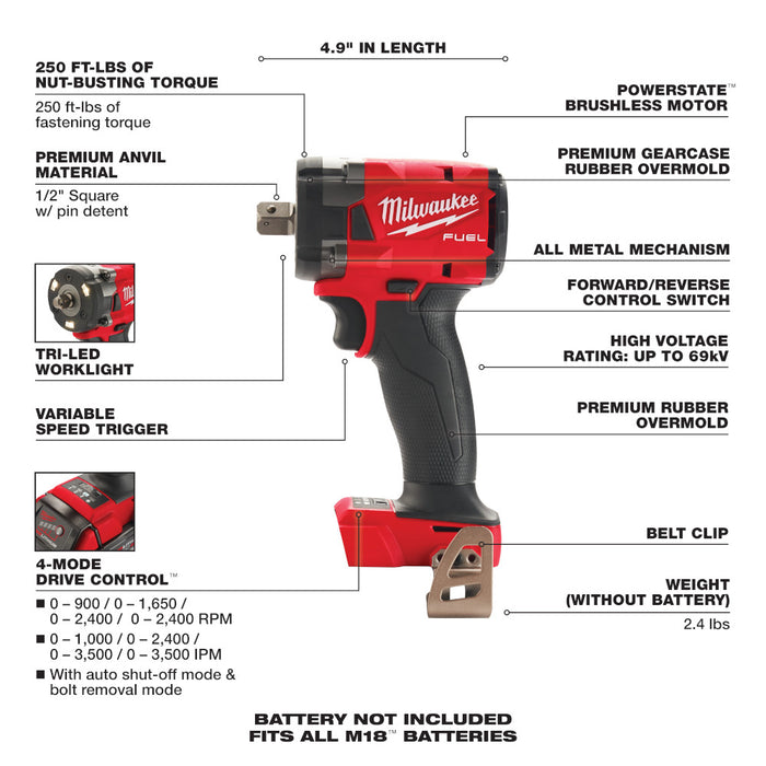 Milwaukee M18 FUEL Cordless 1/2" Compact Impact Wrench with Pin Detent - Tool Only