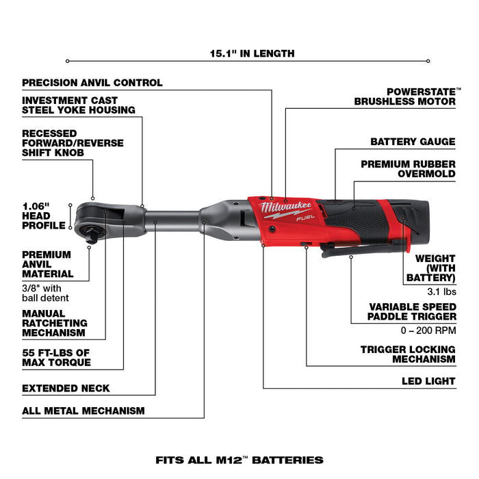 Milwaukee M12 FUEL Cordless 3/8" Extended Reach Ratchet One Battery Kit