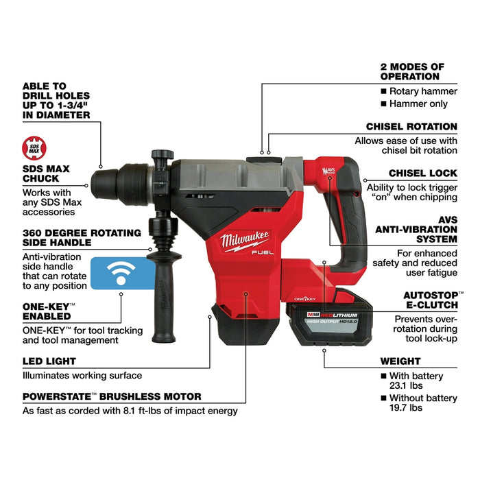 Milwaukee M18 FUEL Cordless 1-3/4" SDS MAX Rotary Hammer With One Key Kit