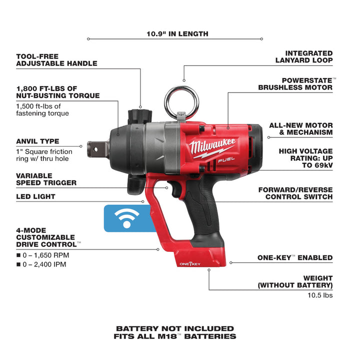 Milwaukee M18 FUEL Cordless 1" High Torque Impact Wrench with ONE-KEY - Tool Only