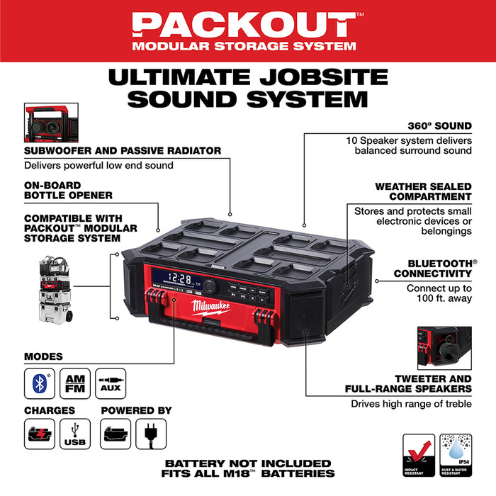 Milwaukee M18 Cordless PACKOUT Radio + Charger  - Tool Only