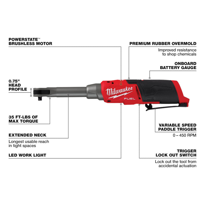 Milwaukee M12 FUEL 1/4" Extended Reach High Speed Ratchet - Tool Only