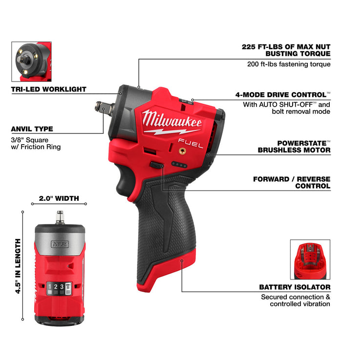 Milwaukee M12 FUEL 3/8" Subcompact Impact Wrench w/ Friction Ring - Tool Only