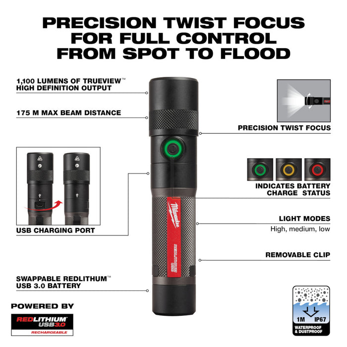 Milwaukee REDLITHIUM USB 1100L Twist Focus Flashlight