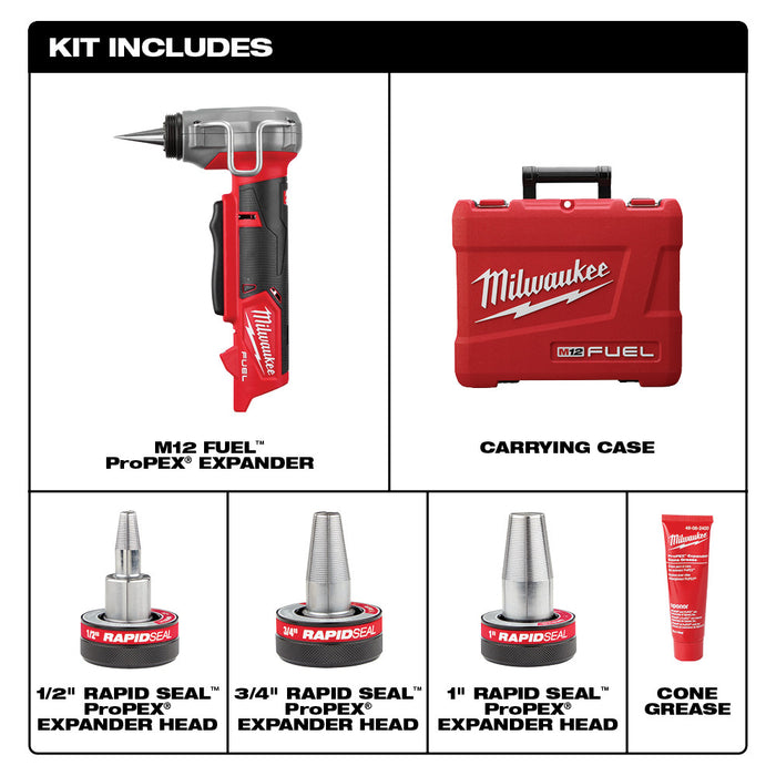 Milwaukee M12 FUEL Cordless ProPEX Expander w/ 1/2"-1" RAPID SEAL ProPEX Expander Heads  - Tool Only