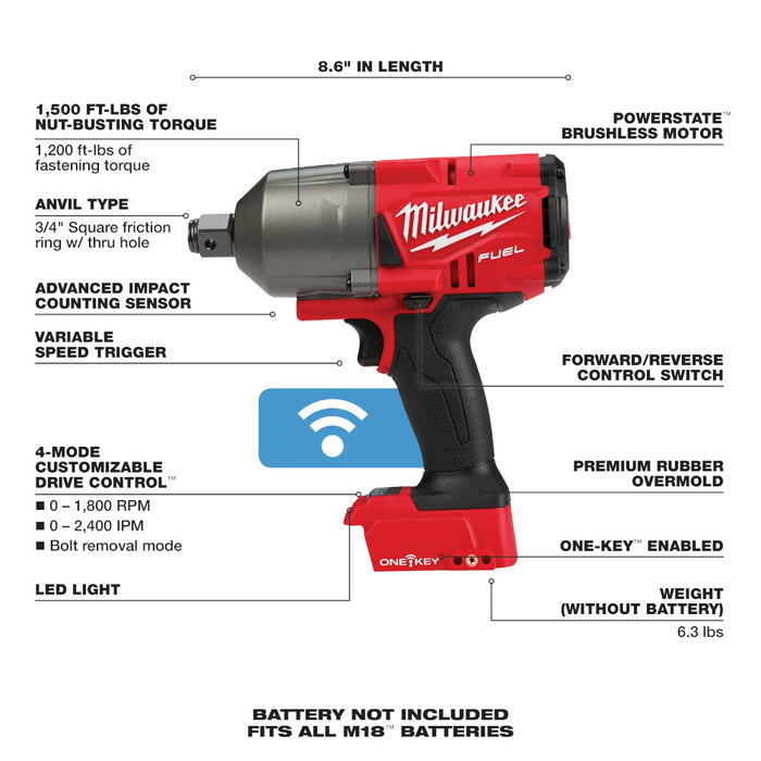 Milwaukee M18 FUEL Cordless w/ ONE-KEY High Torque Impact Wrench 3/4" Friction Ring - Tool Only