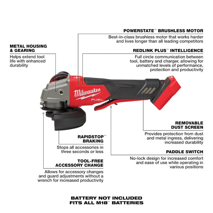 Milwaukee M18 FUEL 4-1/2" / 5" Variable Speed Braking Grinder, Paddle Switch No-Lock - Tool Only