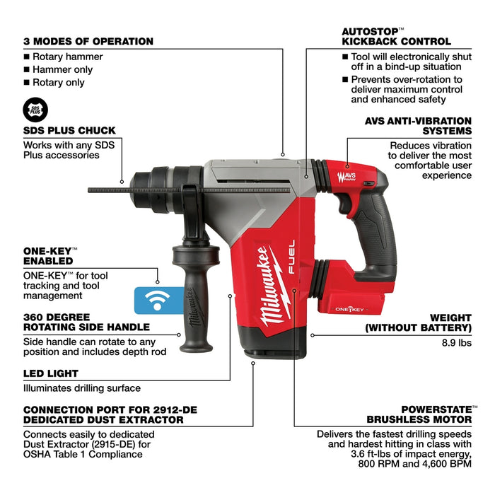 Milwaukee M18 FUEL 1-1/8" SDS Plus Rotary Hammer w/ ONE-KEY - Tool Only