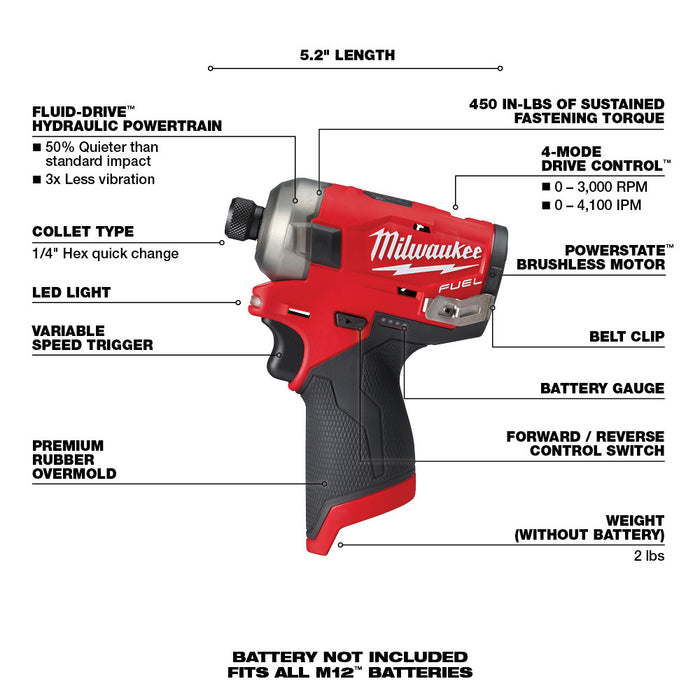 Milwaukee M12 FUEL Cordless SURGE 1/4" Hex Hydraulic Driver - Tool Only