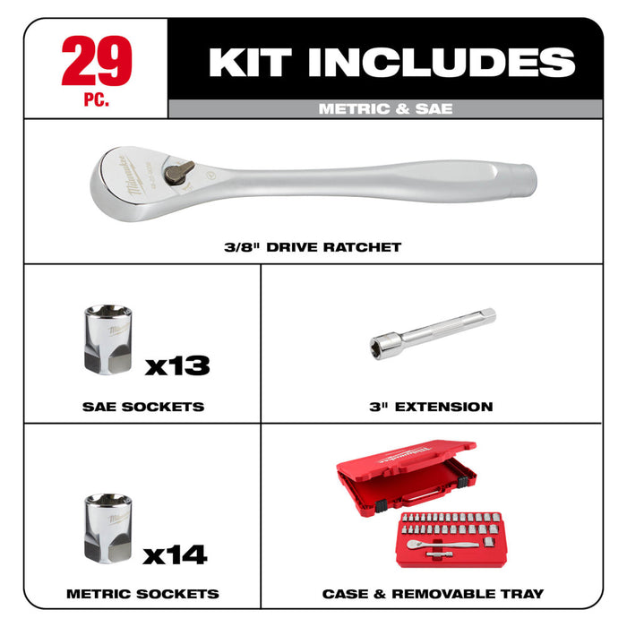 Milwaukee 29PC 3/8" Drive Metric & SAE Ratchet and Socket Set w/ FOUR FLAT SIDES