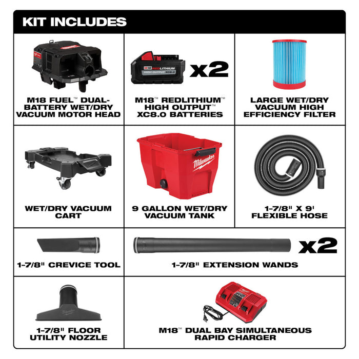 Milwaukee M18 FUEL 9 Gallon Dual-Battery Wet/Dry Vacuum Kit