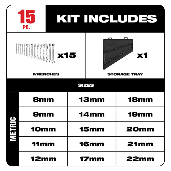 Milwaukee 15 pc. Metric Flex Head Ratcheting Combination Wrench Set