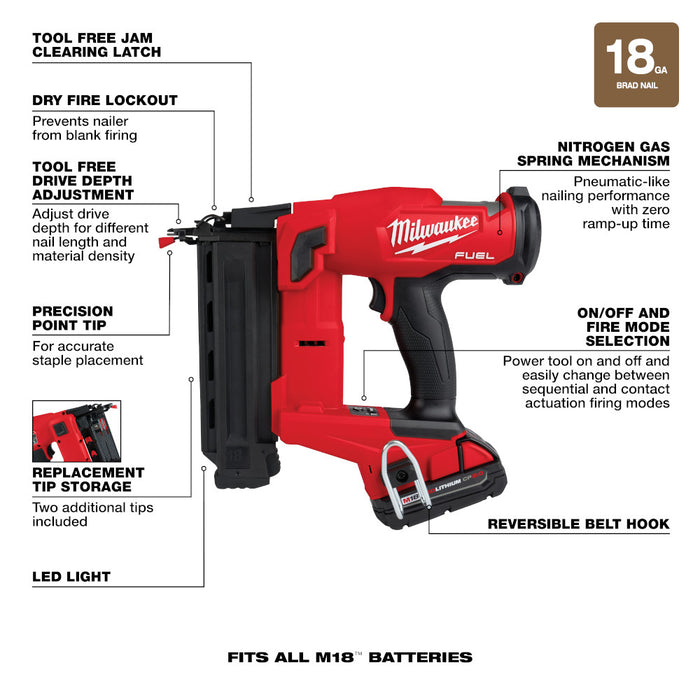 Milwaukee M18 FUEL Cordless 18 Gauge Brad Nailer Kit