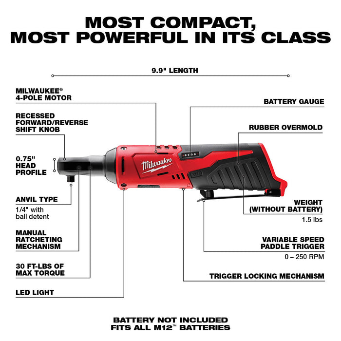 Milwaukee M12 Cordless 1/4" Ratchet 2456-20  - Tool Only