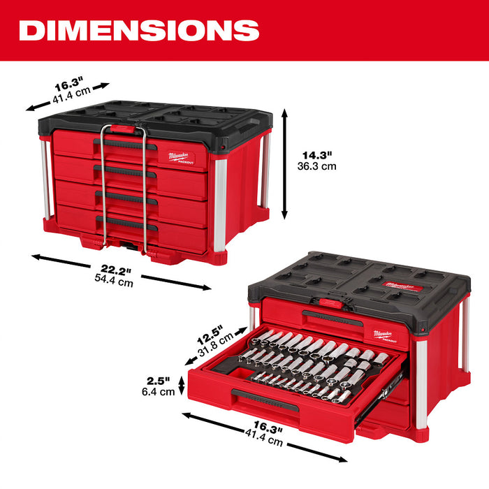 Milwaukee 242pc. 1/4”, 3/8”, & 1/2” Drive Metric & SAE Ratchet & Socket Set w/ PACKOUT 4-Drawer Tool Box