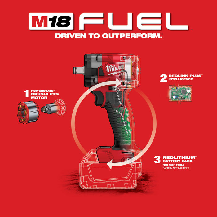 Milwaukee M18 FUEL Cordless 1/2" Compact Impact Wrench with Friction Ring - Tool Only