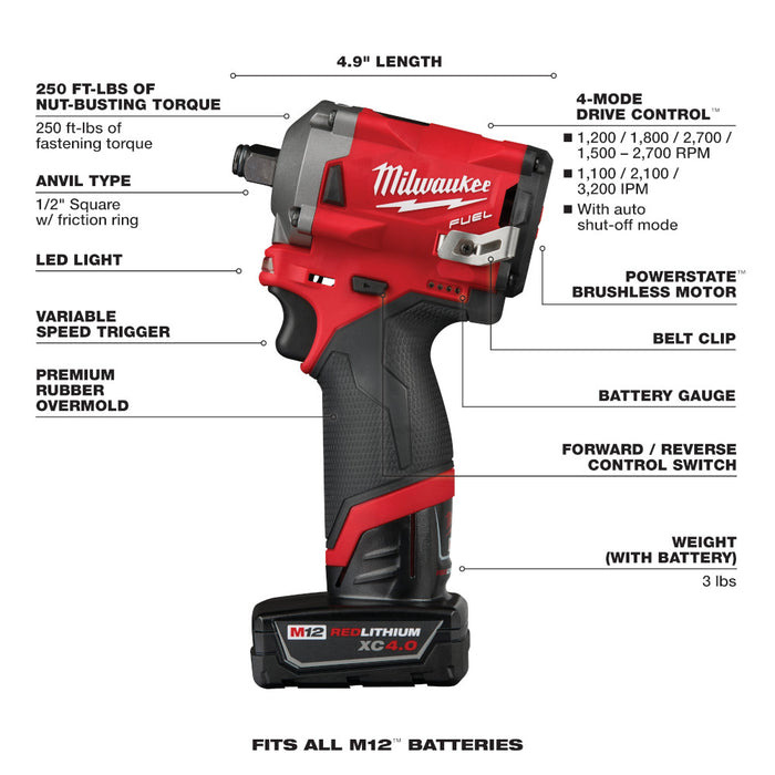 Milwaukee M12 FUEL Cordless Stubby 1/2" Impact Wrench Kit