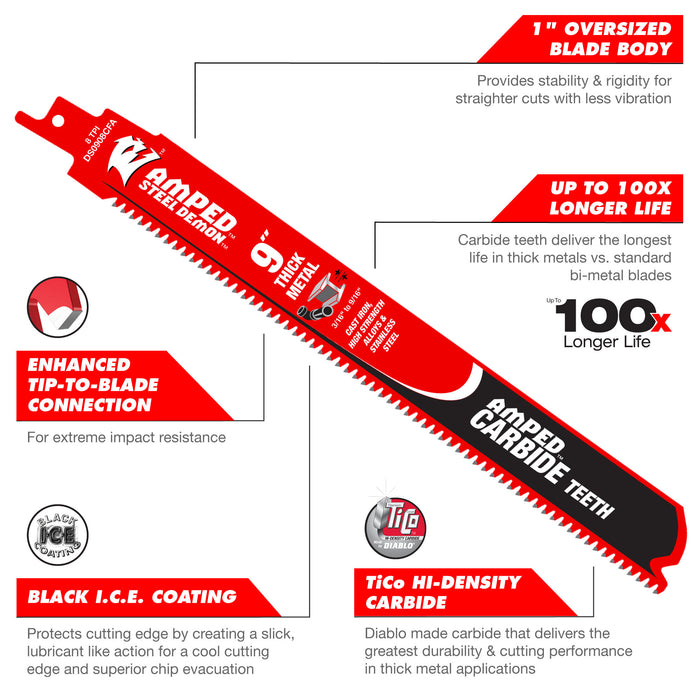 Diablo 8 TPI AMPED™ Steel Demon™ Carbide Tooth Reciprocating Saw Blade - 9"