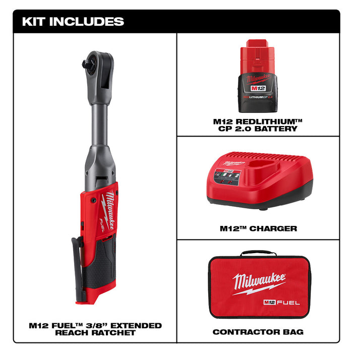 Milwaukee M12 FUEL Cordless 3/8" Extended Reach Ratchet One Battery Kit