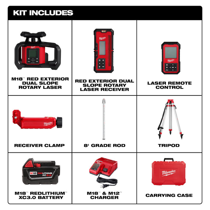 Milwaukee M18 Red Exterior Dual Slope Rotary Laser Level Kit w/ Tripod