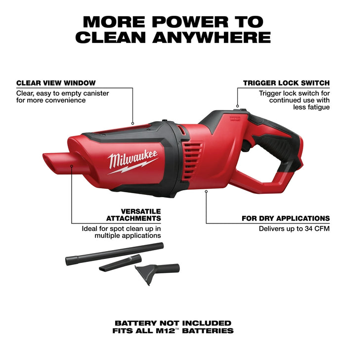 Milwaukee M12 Cordless Compact Vacuum - Tool Only