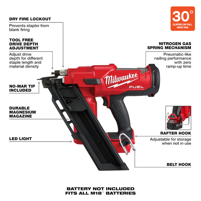 Milwaukee M18 FUEL Cordless 30 Degree Framing Nailer  - Tool Only