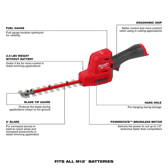 Milwaukee M12 FUEL 8" Hedge Trimmer - Tool Only