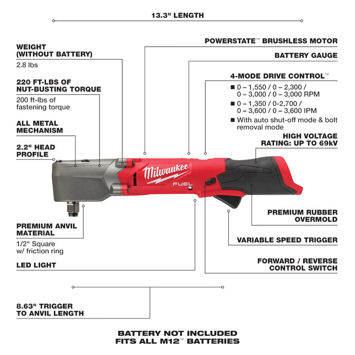 Milwaukee M12 FUEL™ 1/2" Right Angle Impact Wrench - Tool Only