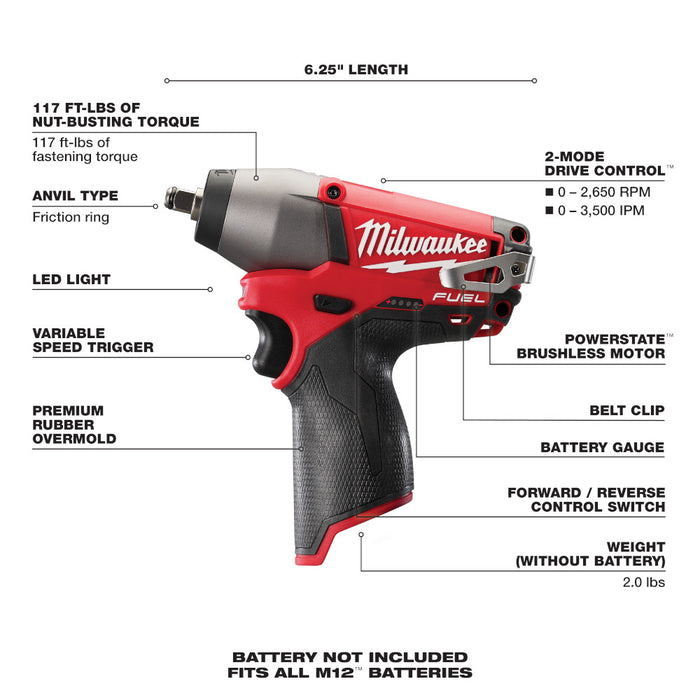 Milwaukee M12 FUEL Cordless 3/8" Impact Wrench - Tool Only