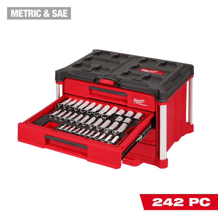 Milwaukee 242pc. 1/4”, 3/8”, & 1/2” Drive Metric & SAE Ratchet & Socket Set w/ PACKOUT 4-Drawer Tool Box