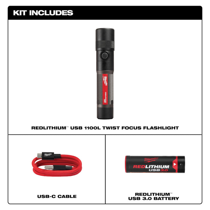 Milwaukee REDLITHIUM USB 1100L Twist Focus Flashlight