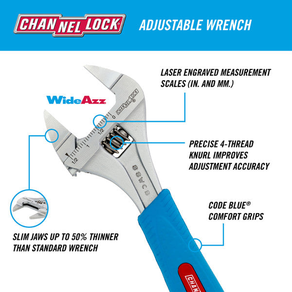 Channellock CODE BLUE® WIDEAZZ® Slim Jaw Adjustable Wrench